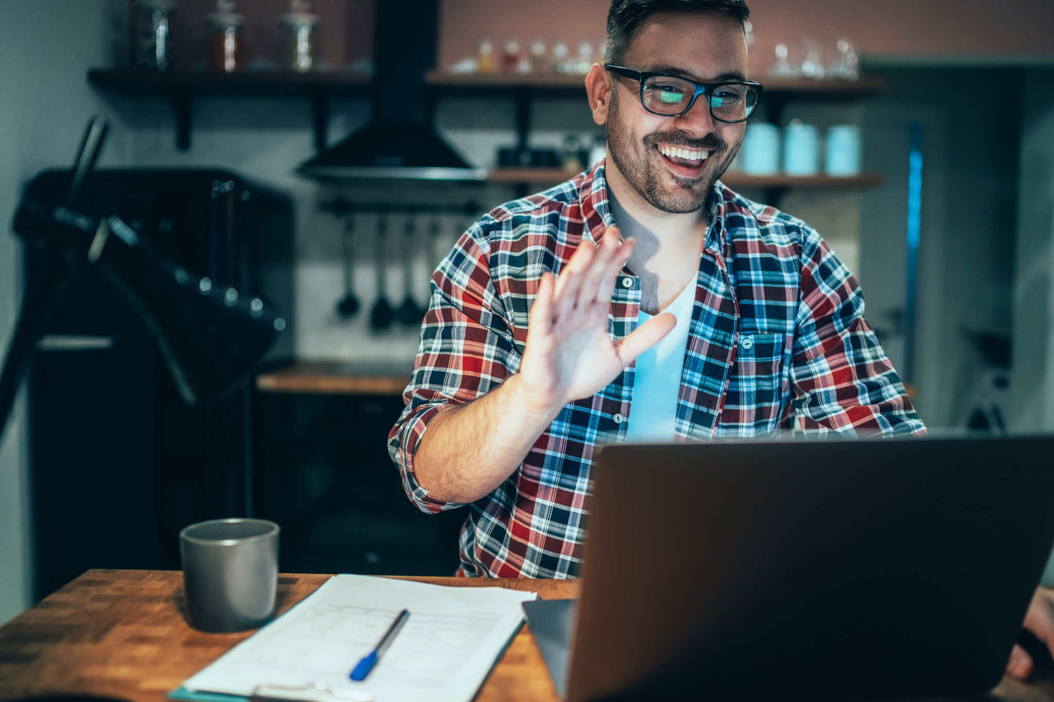 A delegate working at home enjoys interactive drama-based training over Zoom or Teams